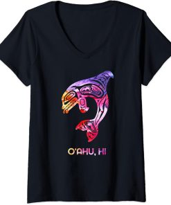 Womens Tribal O"ahu Orca Killer Whale Indigenous Native V-Neck T-Shirt