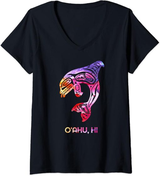 Womens Tribal O"ahu Orca Killer Whale Indigenous Native V-Neck T-Shirt