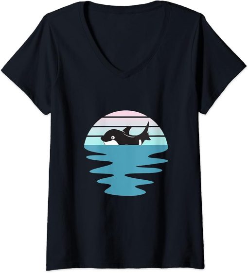 Womens Blue waves sunset Orca Killer Whale Orca Whale V-Neck T-Shirt