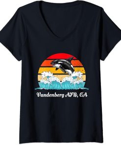 Womens Vintage Vandenberg-AFB CA Distressed Orca Killer Whale Art V-Neck T-Shirt