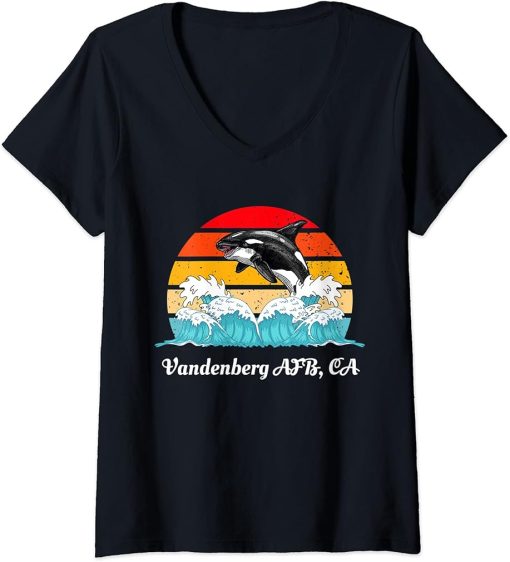 Womens Vintage Vandenberg-AFB CA Distressed Orca Killer Whale Art V-Neck T-Shirt