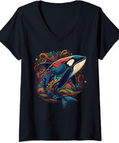 Womens Colourful mystical orca whale watching dolphin pottwhale orca whale V-Neck T-Shirt