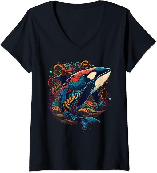 Womens Colourful mystical orca whale watching dolphin pottwhale orca whale V-Neck T-Shirt