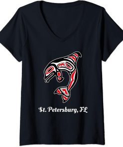 Womens Native American St. Petersburg Florida Red Orca Killer Whale V-Neck T-Shirt