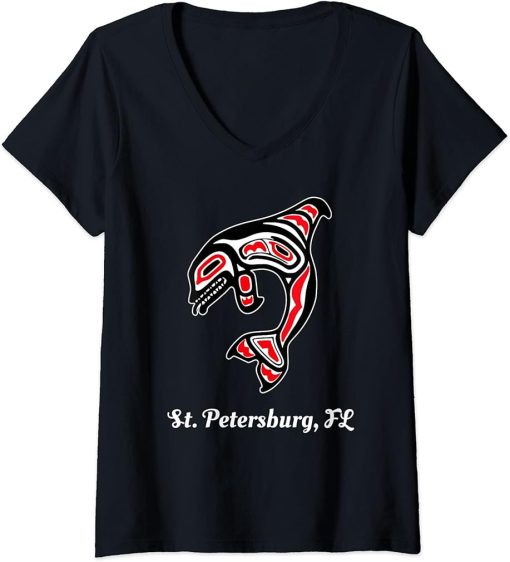 Womens Native American St. Petersburg Florida Red Orca Killer Whale V-Neck T-Shirt